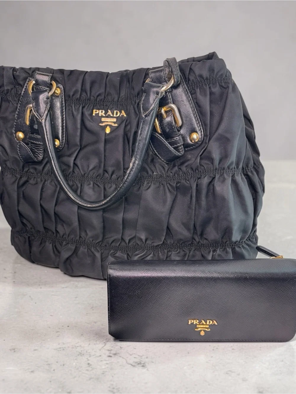 Prada Black Gathered Nylon Tote with Gold Hardware and Matching Wallet